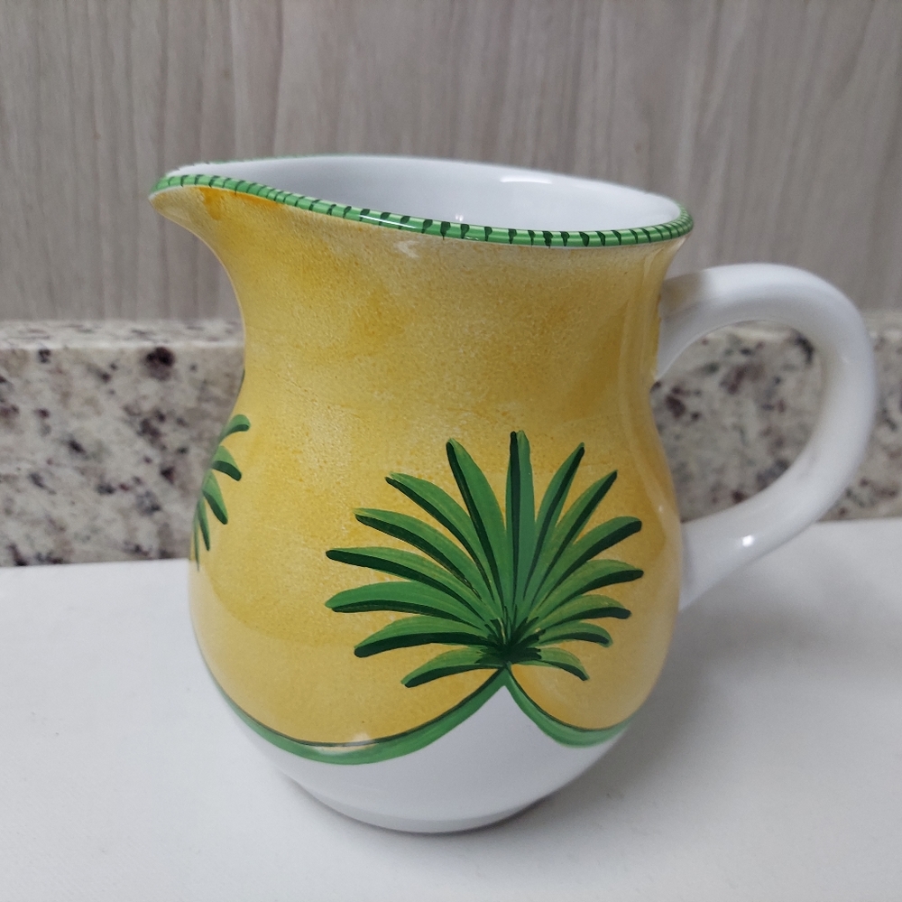 Present Tense Anne Hathaway Pitcher Water Jug Yellow White with Palm Leaf